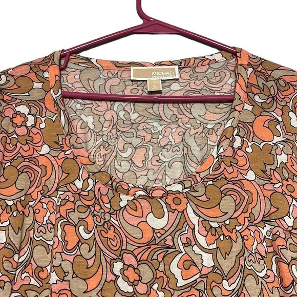 Michael Kors Top Woman's Size Medium Short Cap Sleeve Round Neck Viscose Retro - Picture 2 of 7